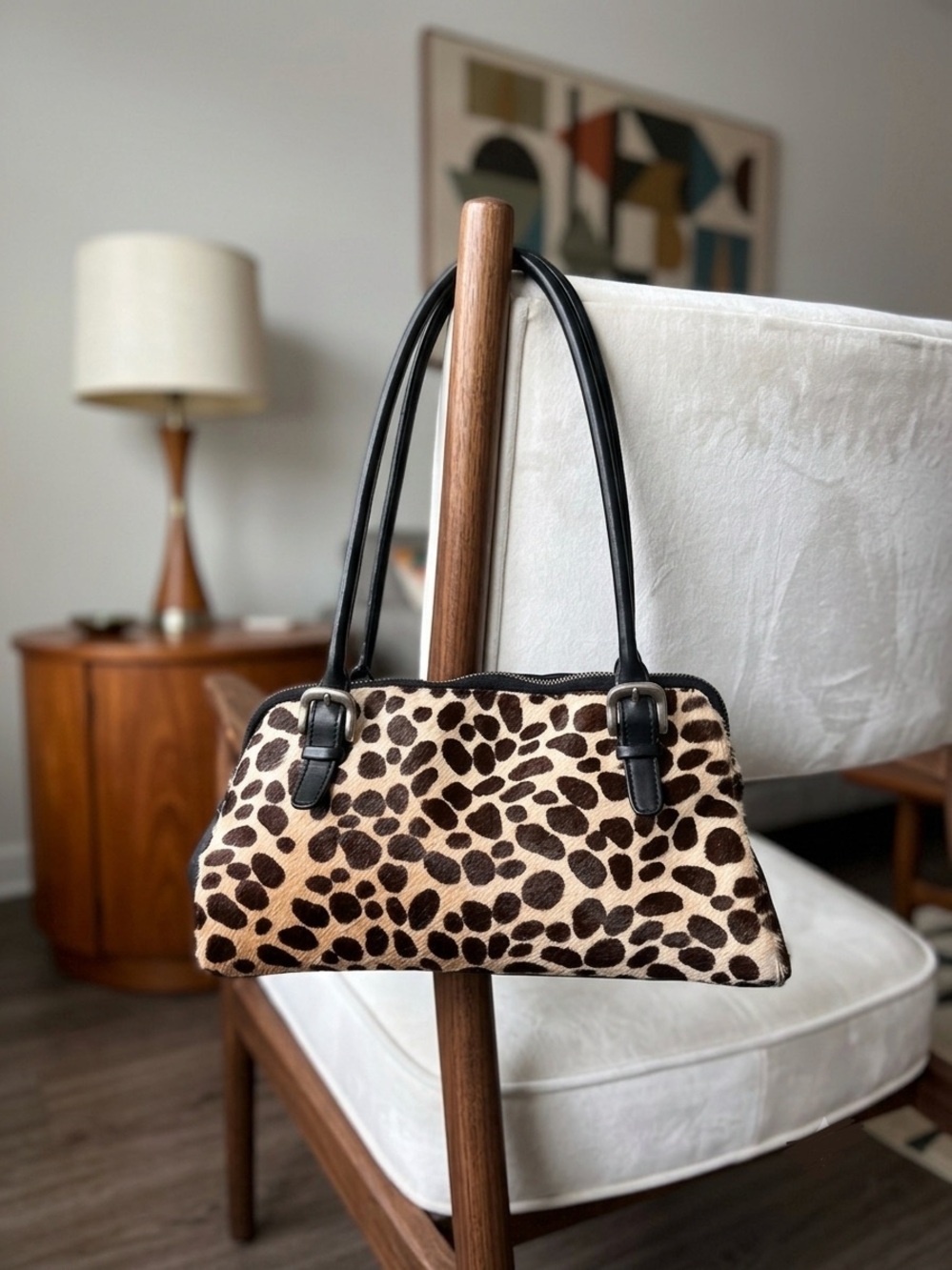 Vintage Y2K Express Leopard-Print Cowhide Bag with Black Leather Handles